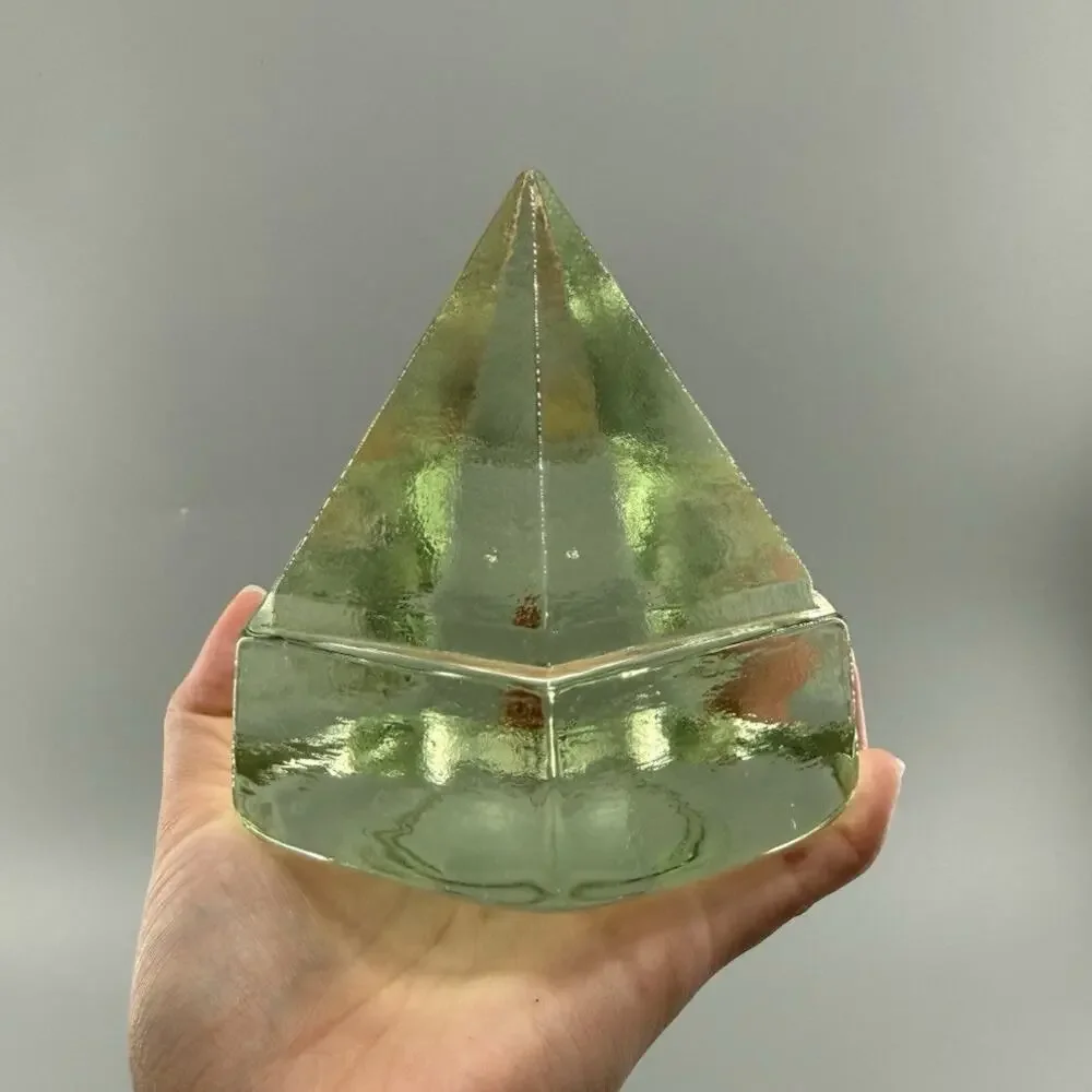 Vintage Green Glass Pyramid Paperweight Geometric Art Glass Sculpture Decor